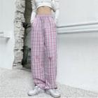 Heart Embroidered Plaid Shift Wide-leg Pants