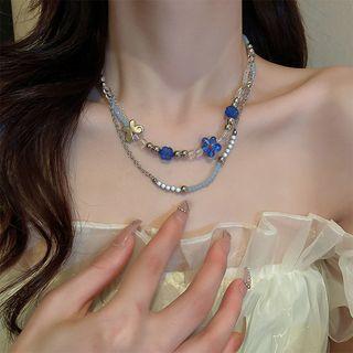 Flower Faux Crystal Layered Choker Blue - One Size