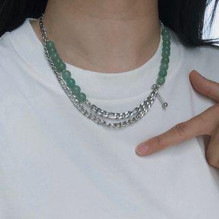 Gemstone Bead Alloy Chain Layered Choker Green - One Size