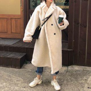 Fleece Long Coat Off-white - One Size