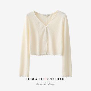 V-neck Plain Pleated Button-up Cardigan