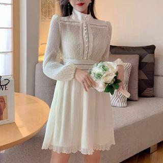 Long-sleeve Buttoned Mock-neck Mini A-line Dress