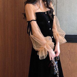 Mesh Panel Bell-sleeve Midi A-line Velvet Dress
