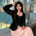Square-neck Lace Trim Blouse / Midi A-line Skirt