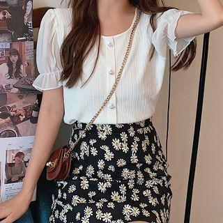 Chiffon Panel Puff-sleeve Knit Top