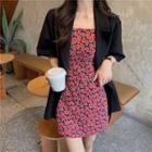 Short-sleeve Plain Jacket / Floral Strappy Sheath Dress