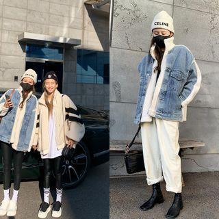 Denim-panel Faux-shearling Jacket Blue - One Size