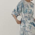 Dye Print Dipback Elbow-sleeve Midi Dress Blue - One Size