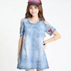 Cold-shoulder Badge Embroidered Distressed A-line Denim Dress