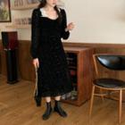 Long-sleeve Lace Panel Floral Velvet Dress Black - One Size