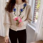 Balloon-sleeve Floral Embroidered Cardigan