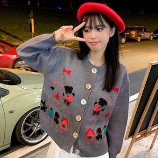 Round Neck Cartoon Print Cardigan Gray - One Size