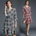 3/4-sleeve Check Ruffled Dress