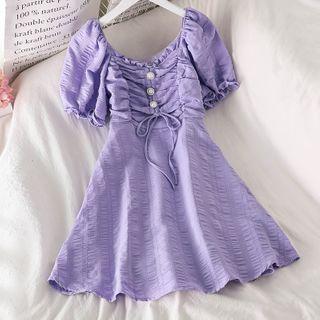 Shirred Puff-sleeve Mini A-line Dress