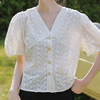 Puff-sleeve Eyelet V-neck Cropped Blouse