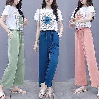Set: Short Sleeve Printed T-shirt + Drawstring Wide-leg Pants
