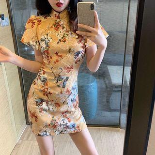 Floral Short-sleeve Slim-fit Qipao Dress