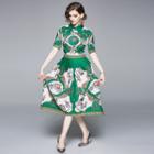 Patterned Shot-sleeve A-line Midi Shrit Dress
