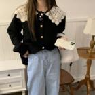 Long-sleeve Lace Collar Knit Cardigan Black - One Size