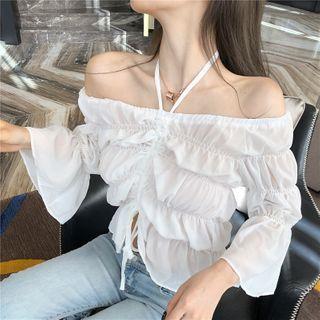 Off-shoulder Bell-sleeve Drawstring Blouse
