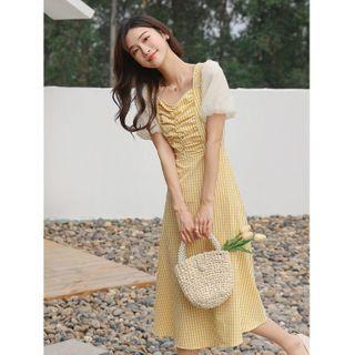 Puff-sleeve Panel Gingham Midi A-line Dress