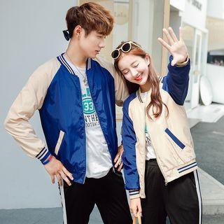 Couple Matching Lettering Baseball Jacket / Color Block Sweatpants