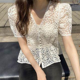 Short-sleeve Floral Embroidered Peplum Blouse As Shown In Figure - One Size