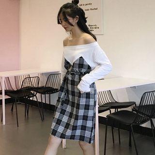 Plaid Panel Off Shoulder Long Sleeve Dress