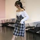 Plaid Panel Off Shoulder Long Sleeve Dress