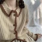 Collared Contrast Trim Cardigan Khaki - One Size