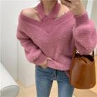Plain Loose-fit Halter Sweater Rose Pink - One Size