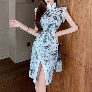 Sleeveless Floral Print Slit Sheath Dress