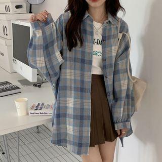 Plaid Puff-sleeve Shirt Jacket Sky Blue - One Size