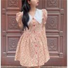Puff-sleeve Collared Floral Print A-line Dress
