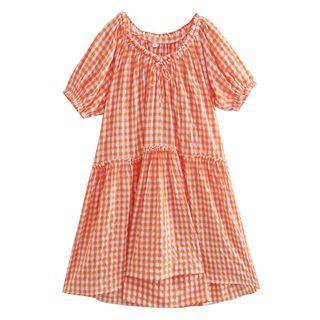 Short-sleeve Gingham Check Smock Dress