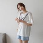 Round-neck Elbow-sleeve Frilled Cotton Top