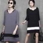 V-neck 3/4-sleeve Contrast-trim Dress