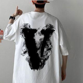 Lettering Print Oversized Round Neck Short Sleeve T-shirt