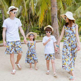 Family Matching Sleeveless Hooded Dress/ Embroidered Short-sleeve T-shirt/ Drawstring Shorts