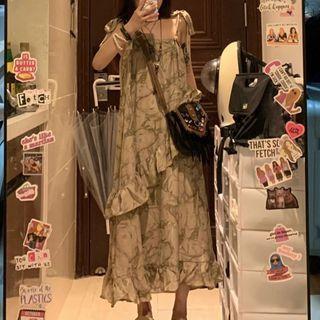 Sleeveless Printed Ruffled Midi A-line Dress