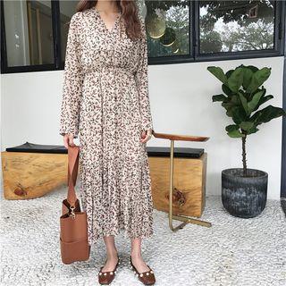 Printed V-neck Long-sleeve A-line Midi Dress