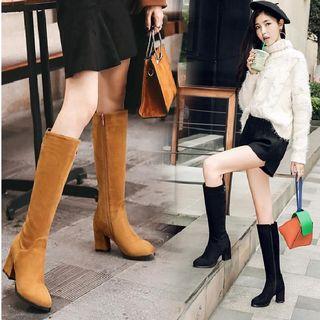 Faux Suede Lined Block Heel Tall Boots