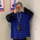 Long-sleeve Panel Striped T-shirt Blue - One Size