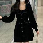 Long-sleeve Square Neck Single-breasted Velvet Mini Dress