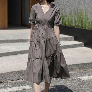 Plain Short-sleeve V-neck Midi A-line Dress