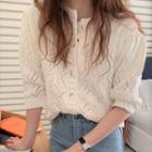 Elbow-sleeve Crochet Knit Cardigan White - One Size