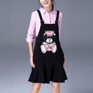 Set: Striped Shirt + Bear Patch Pinafore Dress