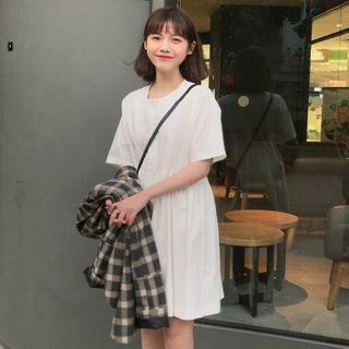 Short-sleeve Buttoned A-line Mini Dress White - One Size