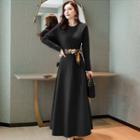 Long-sleeve Sashed Maxi A-line Dress