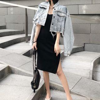 Ripped Crop Denim Jacket / Spaghetti Strap Slit Dress